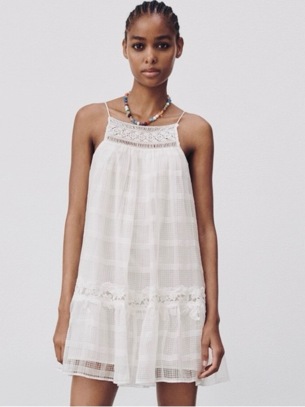 Zara Cotton Lace Gridded Crochet Mini Swing Babydoll Dress